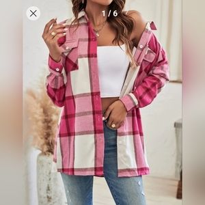 SHEIN LUNE Plaid Flap Pocket Drop Shoulder Blouse Wit hout Belt